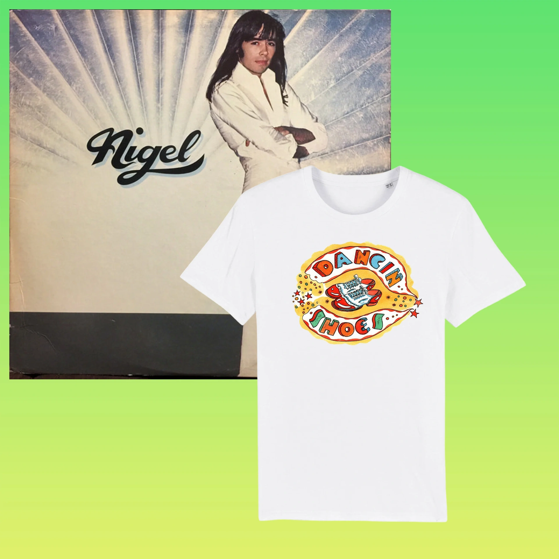 Nigel Olsson solo album cover with Tom Cridland 'Dancin' Shoes' t-shirt