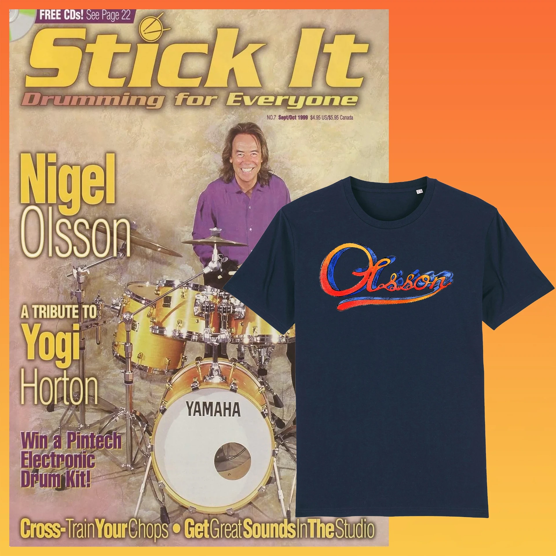 Nigel Olsson on the cover of Stick It magazine with Tom Cridland 'Olsson' t-shirt